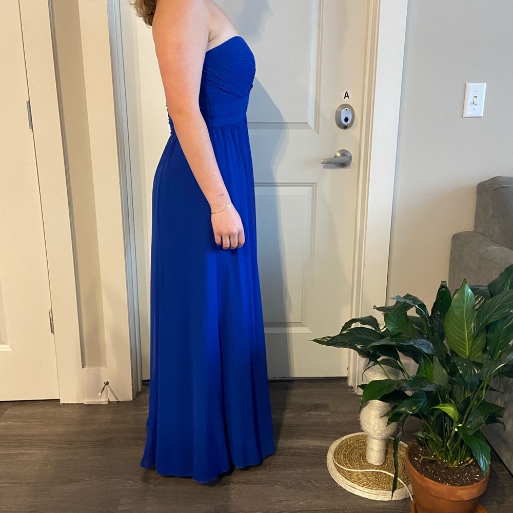 Blue strapless evening gown